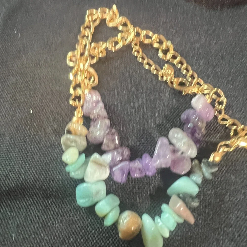 Set Of‎ 2 Chip Stone Bracelets Green Purple Gold Boho Style Color Pop Fun Y2K